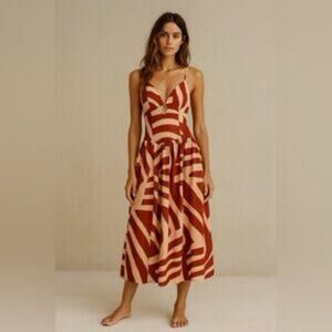 NWT Mon Renn Surreal Midi Dress Tropico Print Red Size Small Cotton Vacation